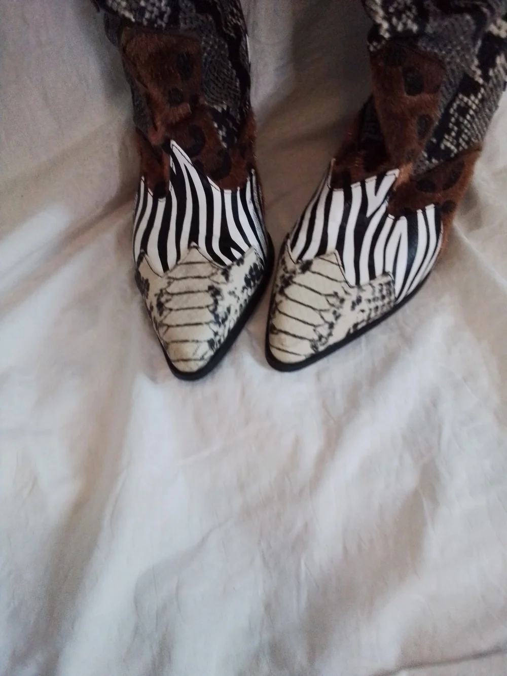 Over-the-Knee Mixed-Animal Print Boots - Black, White & Brown